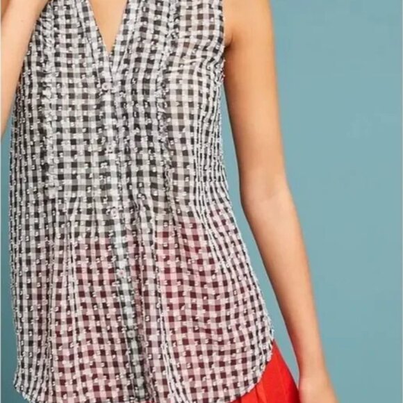 Maeve by Anthropologie Gingham Sleeveless Top Swiss Dot Texture Black White XS - Picture 2 of 12